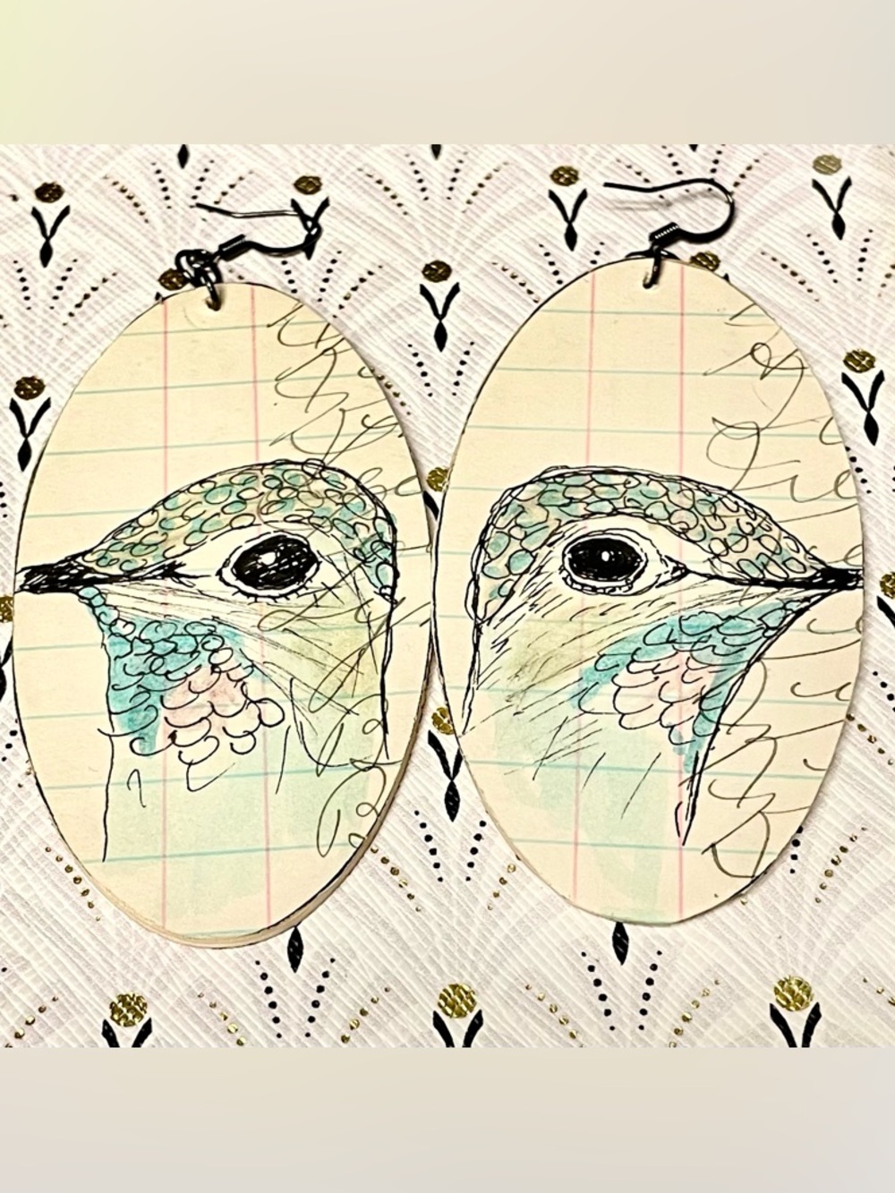 Handmade Wooden Hummingbird Illustration Oval Earrings- Like New